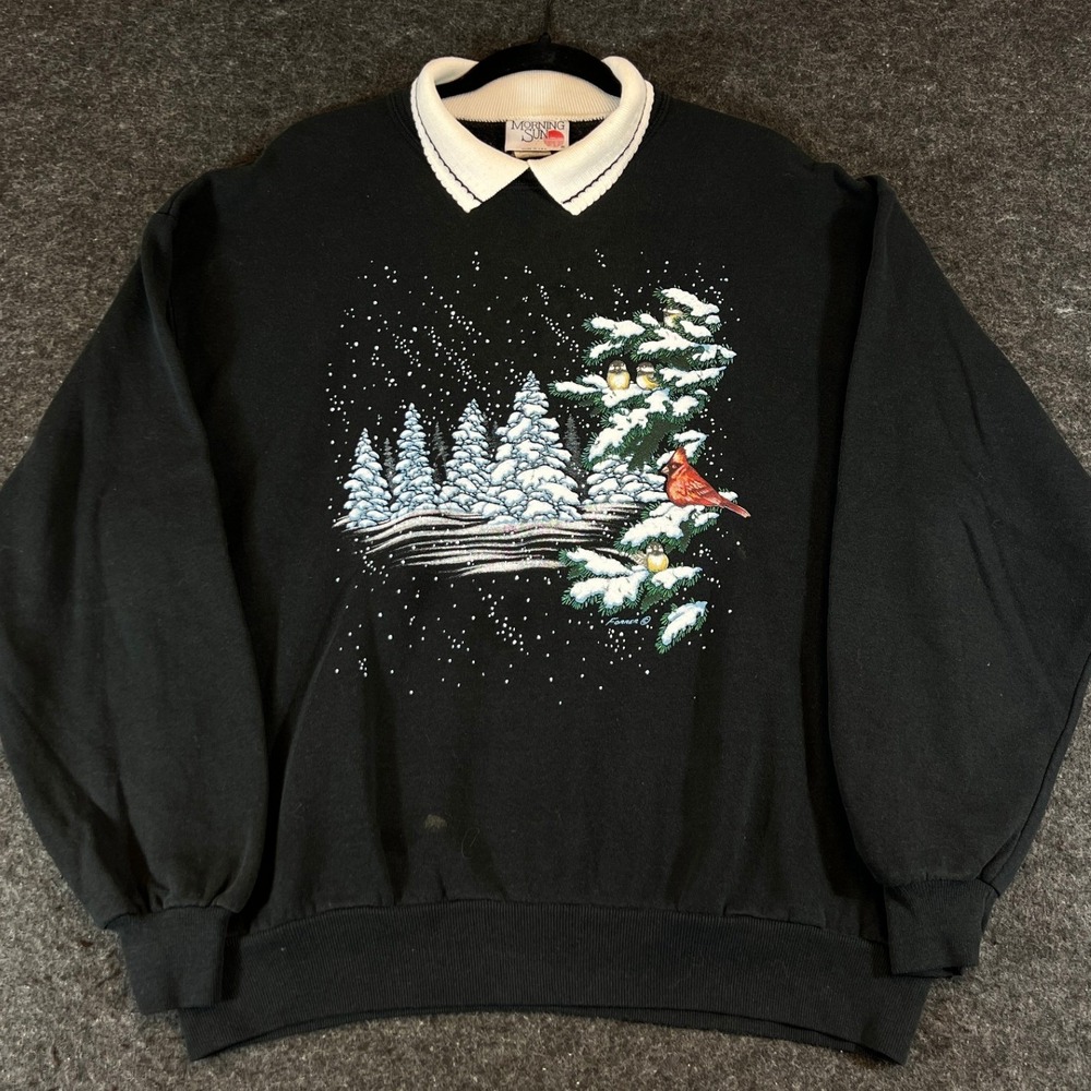 Vintage Morning Sun Winter Birds Sweatshirt Women XL Black Collared Cardinal USA
